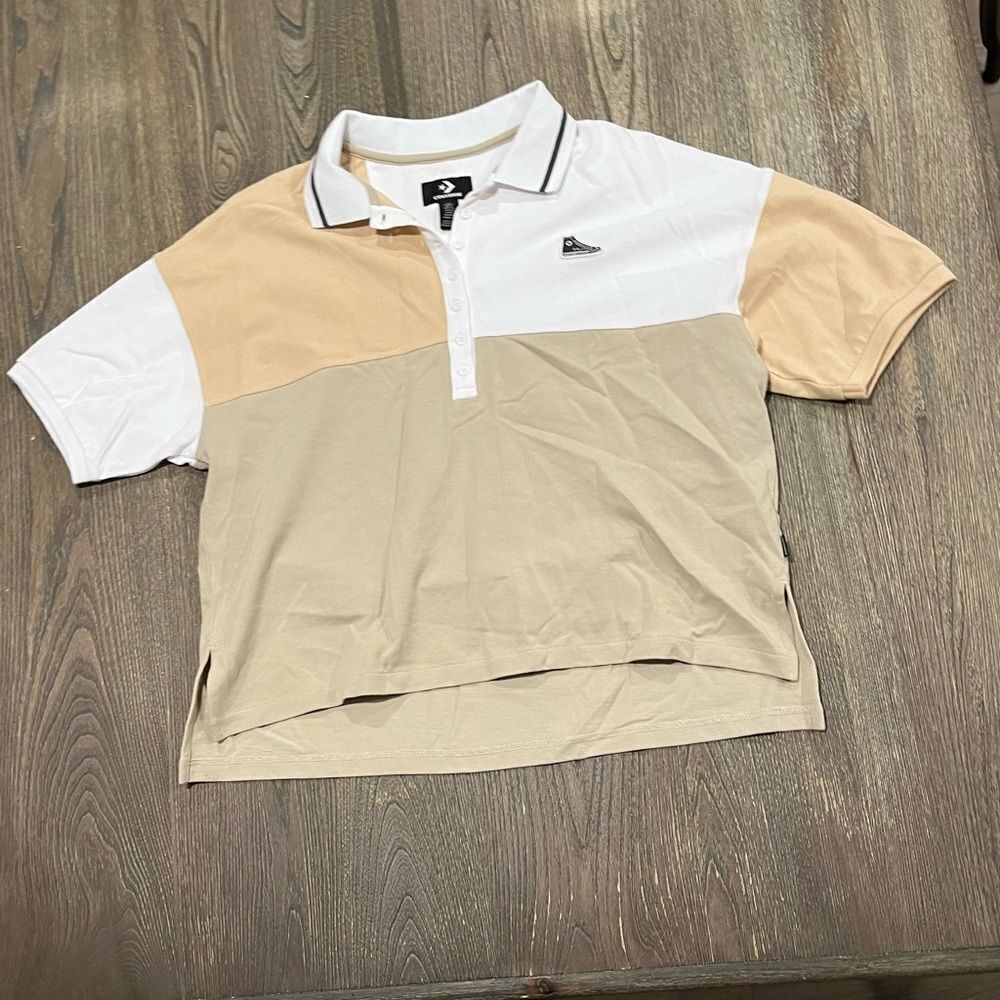 NWOT Converse Color-Blocked Relaxed Polo Shirt Pullover Beige Tan White Small